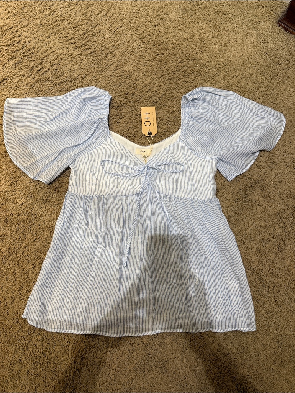 Light Blue Striped Puff-Sleeve Tie-Front Blouse - OHO